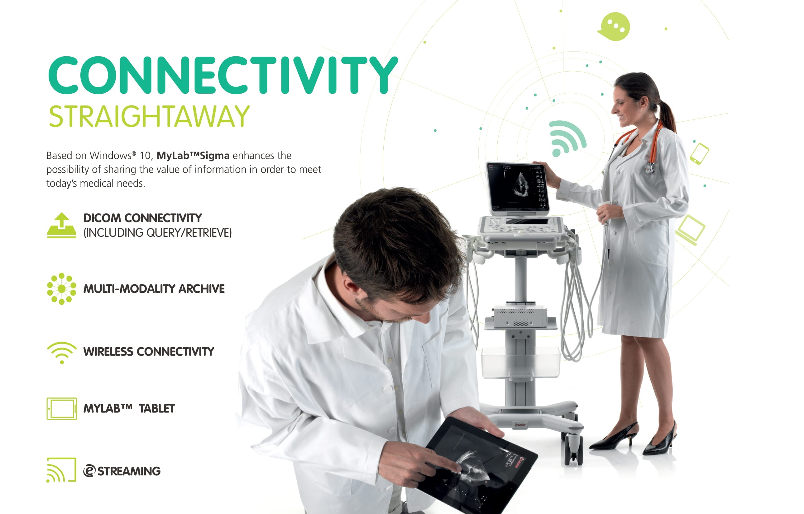 Kết nối đa phương tiện, truyền tải tín hiệu không dây DICOM, IHE, Wifi, MyLab Tablet, e- Streaming, MyLab Deck Evo, MyLab remote